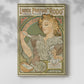 Canvas art print of a vintage advertisement featuring a woman with floral motifs and soft tones with a soft shadow on a white background.