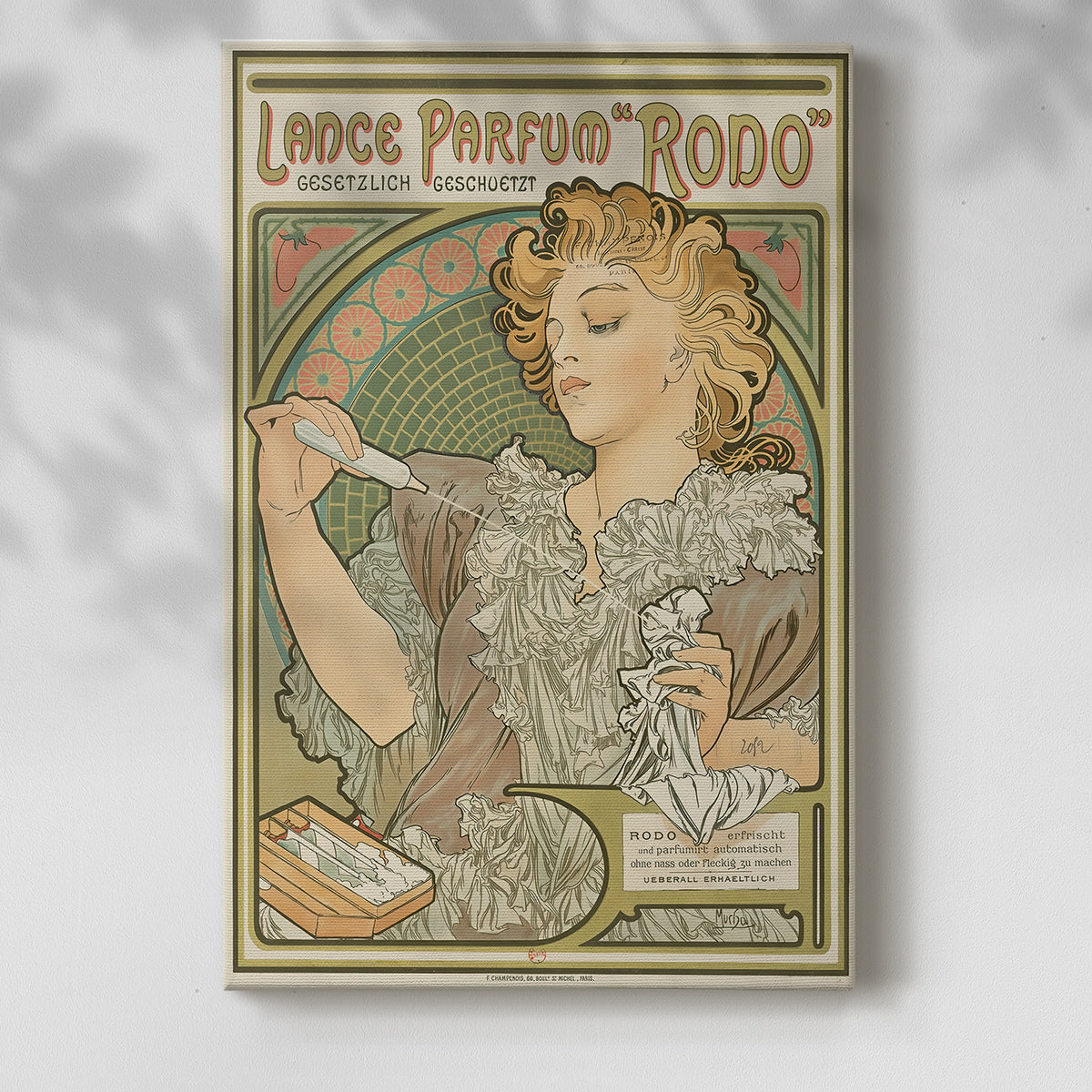 Canvas art print of a vintage advertisement featuring a woman with floral motifs and soft tones with a soft shadow on a white background.