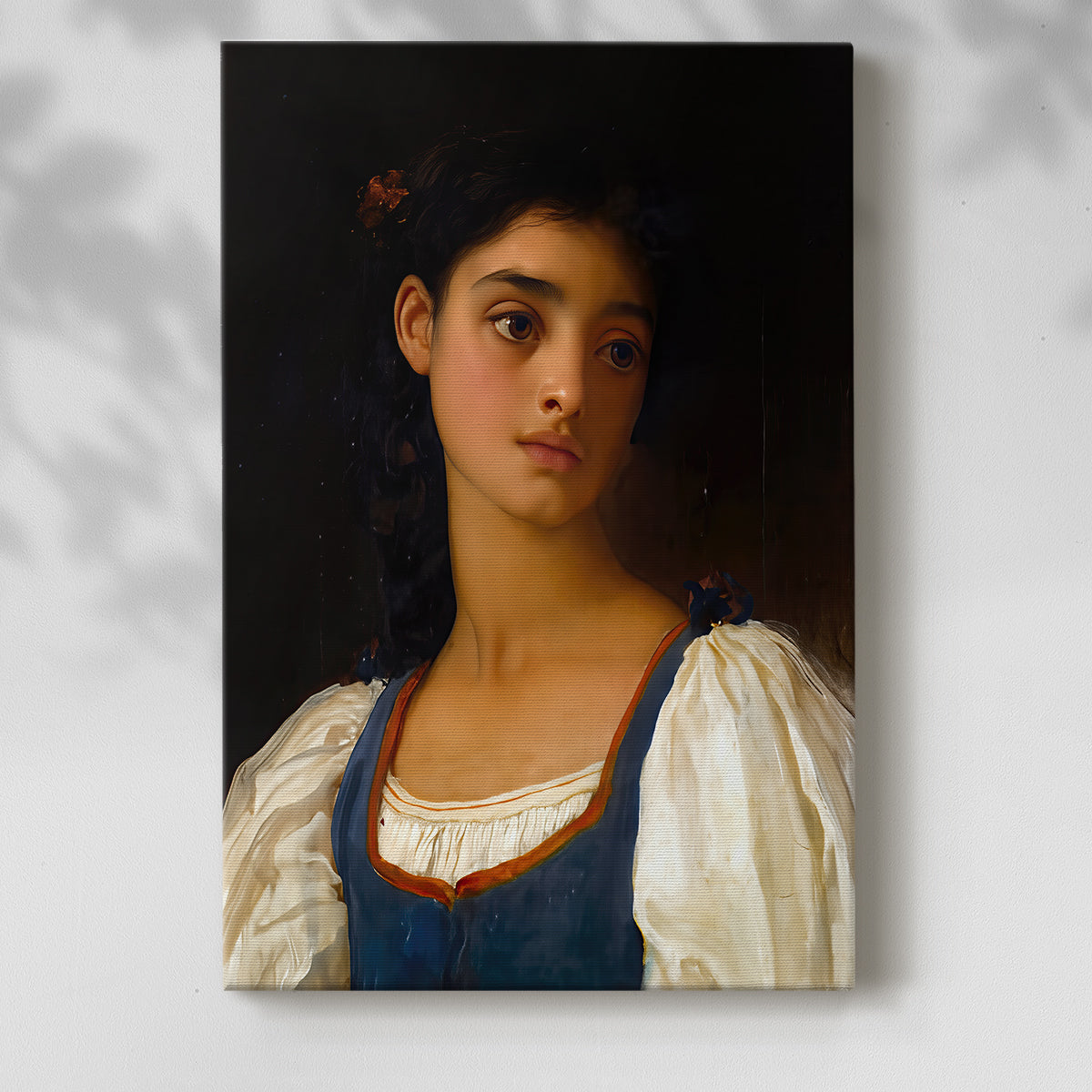 Canvas art print of a calm female figure with soft lighting and smooth detail with a soft shadow on a white background.
