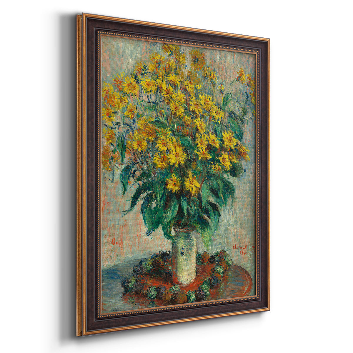 Impressionist floral painting of artichoke flowers by Claude Monet printed on canvas in an ornate bronzed mahogany wood frame with a vertical orientation.