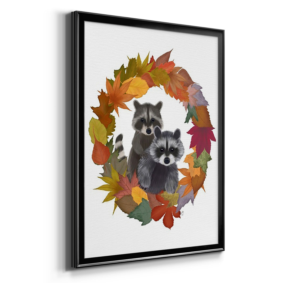 Raccoons Autumn Leaf Wreath - Modern Framed Canvas Print