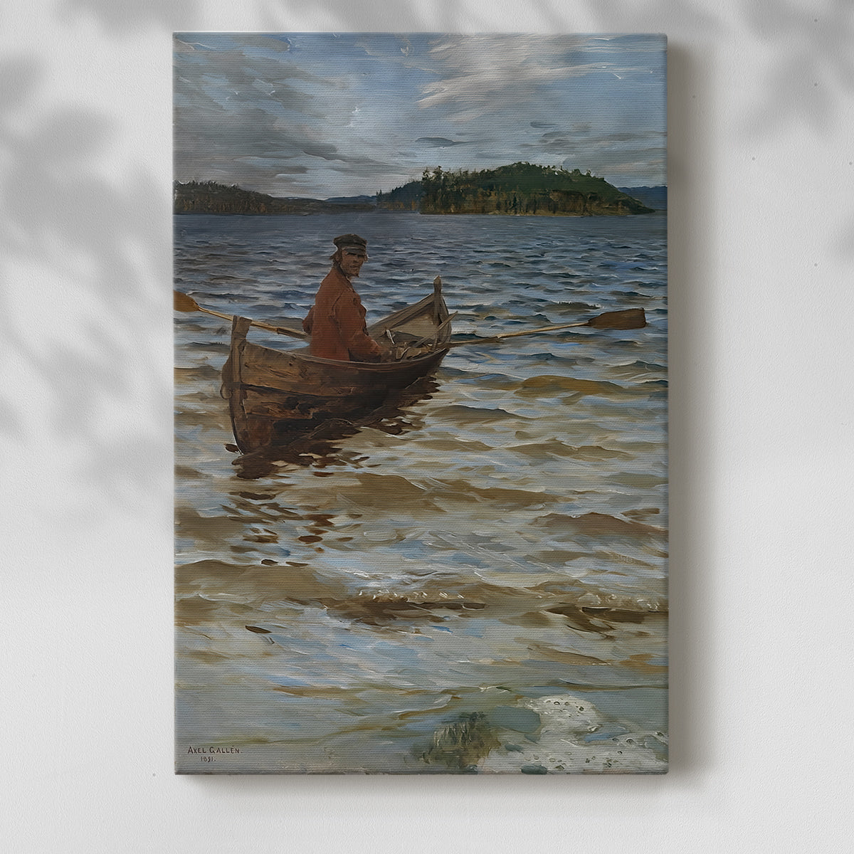 Canvas art print of a tranquil seascape with a lone figure rowing across still water with a soft shadow on a white background.