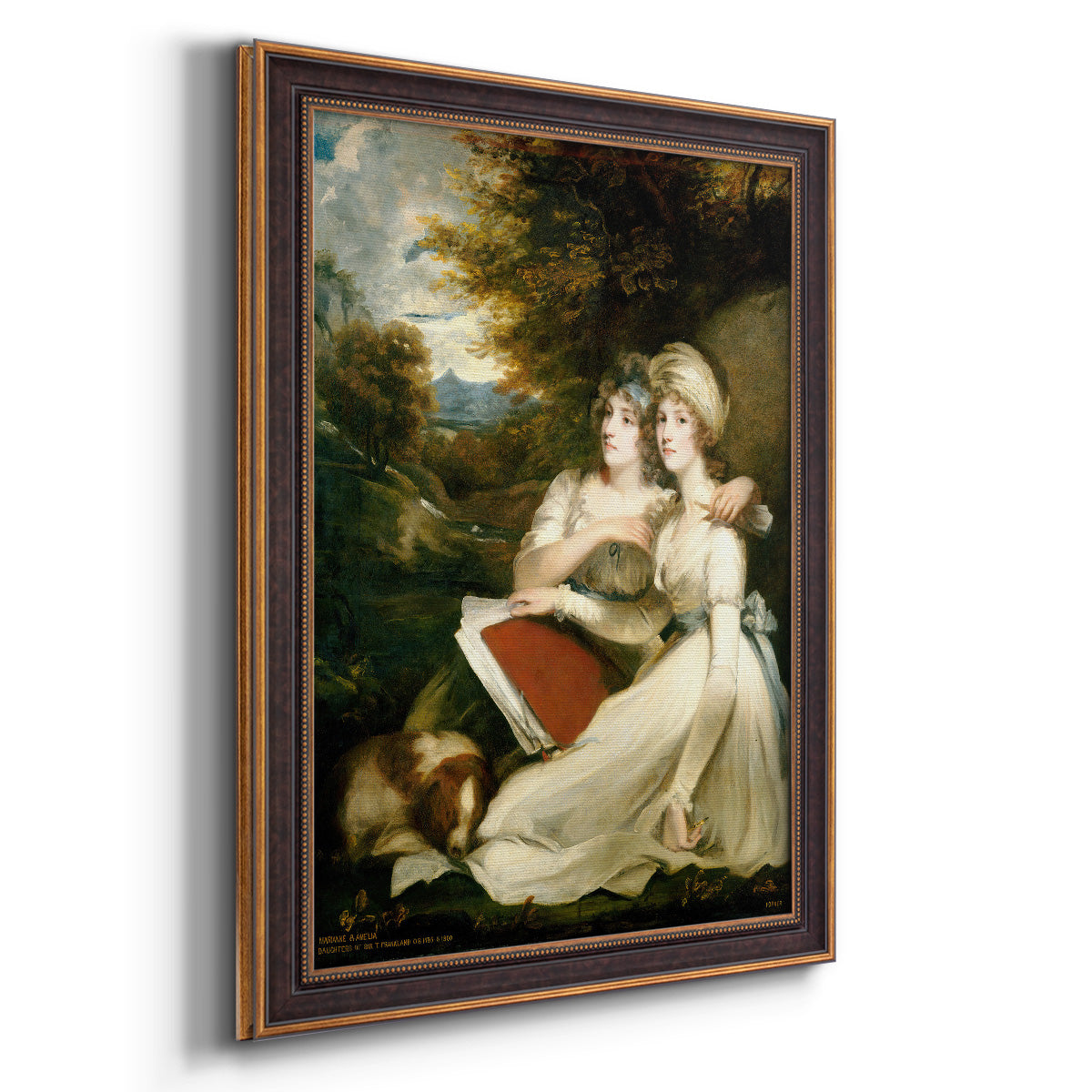 Classical portrait of the Frankland sisters by John Hoppner printed on canvas in an ornate bronzed mahogany wood frame with a vertical orientation.