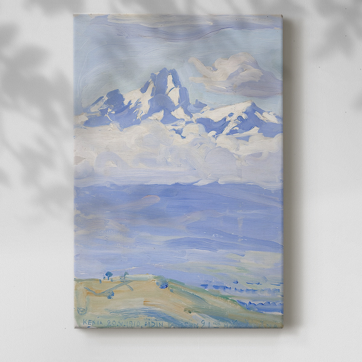 Canvas art print of a serene view of Mount Kenya with gentle hills and light atmosphere with a soft shadow on a white background.