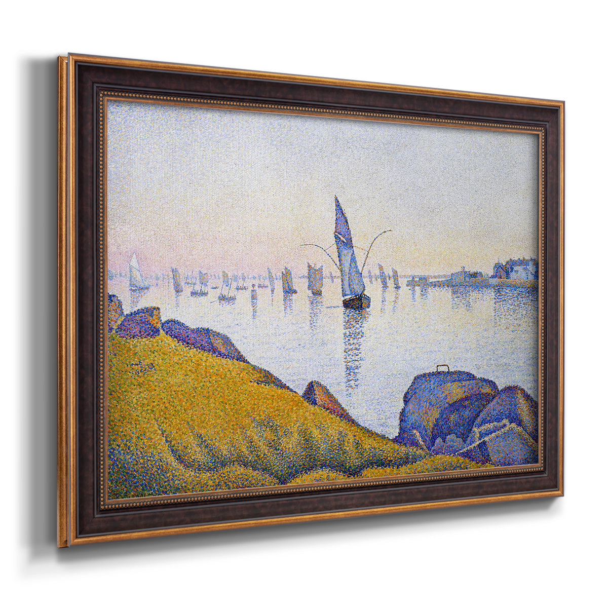 Impressionist coastal harbor at dusk by Paul Signac printed on canvas in an ornate bronzed mahogany wood frame.