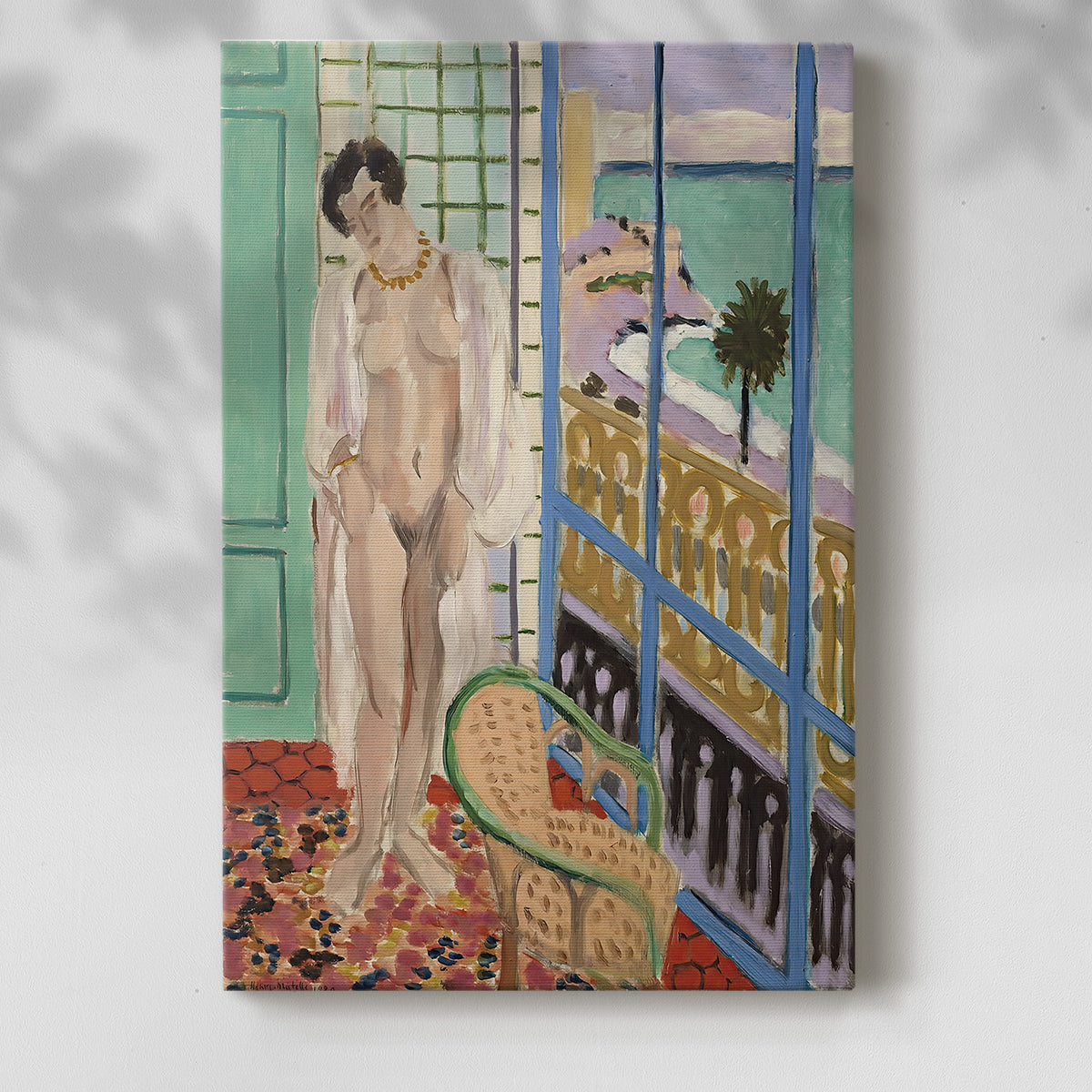 Canvas art print of a stylized figure with interior setting and bold color with a soft shadow on a white background.