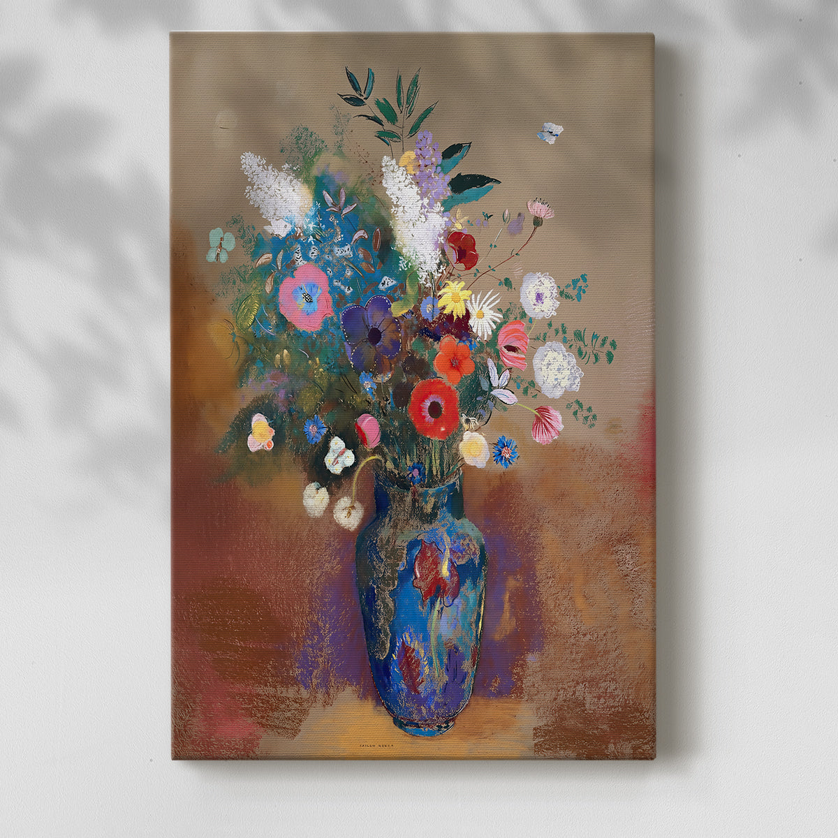Canvas art print of a floral composition with vivid yet muted color transitions with a soft shadow on a white background.