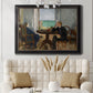 Impressionist interior scene by Édouard Manet in an ornate black frame with gilded inner detail displayed in a neutral-toned interior setting.