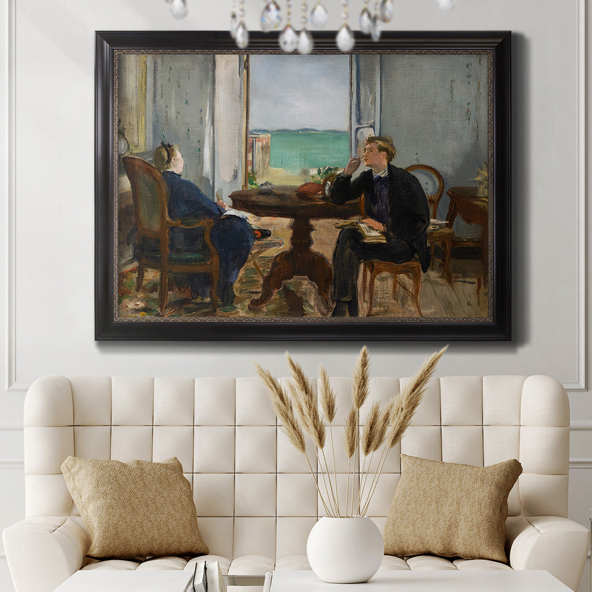Impressionist interior scene by Édouard Manet in an ornate black frame with gilded inner detail displayed in a neutral-toned interior setting.