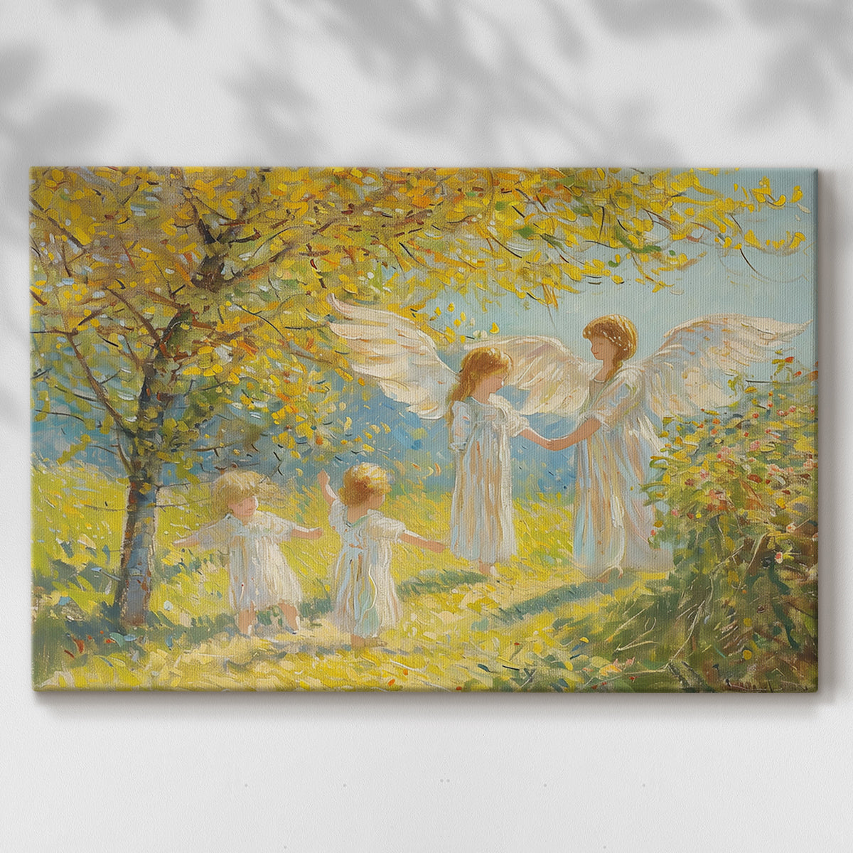 children,angels,garden,play,sunlight,tree,autumn,happiness,innocence,nature,floral,whimsical,bright,outdoors,joy,companionship,youth,beauty,wings,arts,laughter,freedom,warmth,love,fairytale,enchantment,serenity,landscape,colors,togetherness,imagination,wonder,gentle,peaceful,soft,pastoral,charming,delightful,dreams,spirit,childhood,ethereal