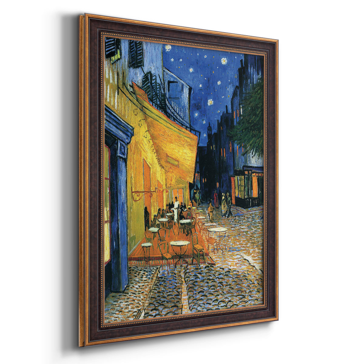 Impressionist night café street scene by Vincent van Gogh printed on canvas in an ornate bronzed mahogany wood frame with a vertical orientation.