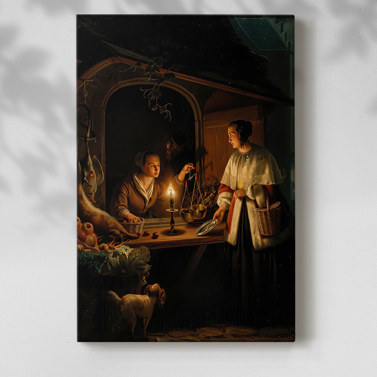 Canvas art print of a dark interior with warm light and clustered figures with a soft shadow on a white background.