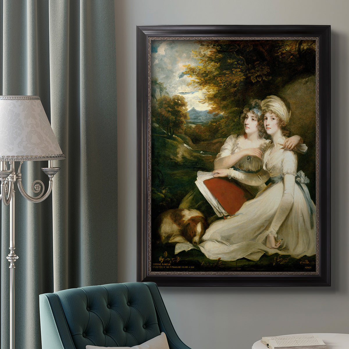 Classical portrait of the Frankland sisters by John Hoppner in an ornate black frame with gilded inner detail displayed in a neutral interior setting.