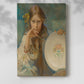 Canvas art print of a stylized figure holding an ornate dish with detailed motifs with a soft shadow on a white background.