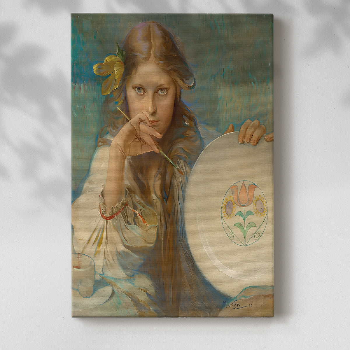 Canvas art print of a stylized figure holding an ornate dish with detailed motifs with a soft shadow on a white background.