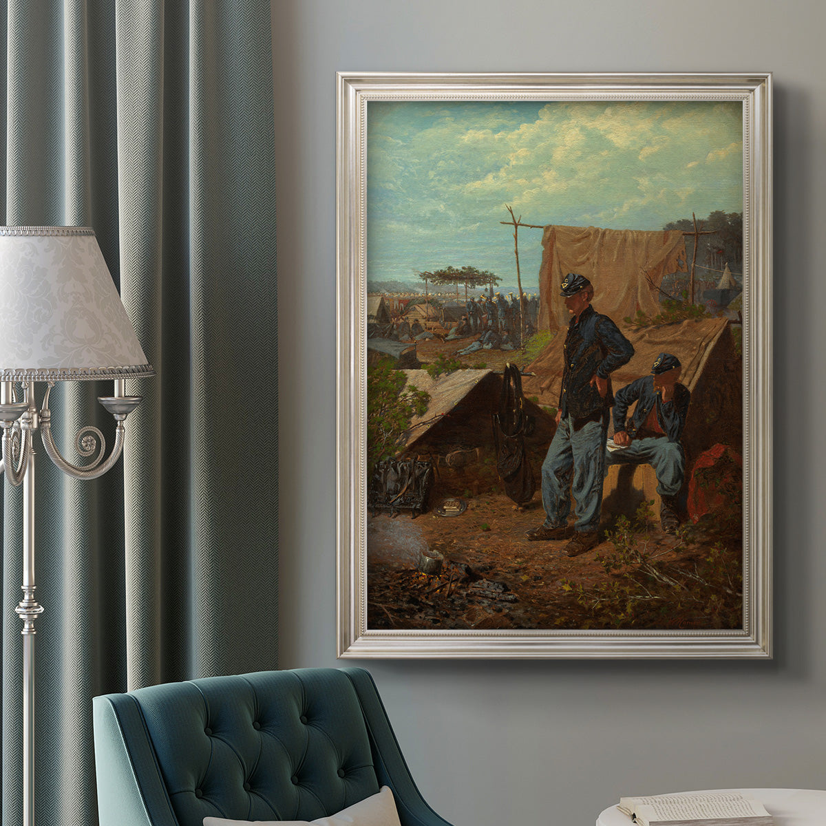 American genre scene of domestic life by Winslow Homer in an ornate champagne frame displayed in a neutral interior setting.