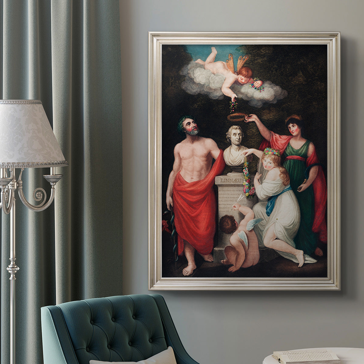 Classical allegorical painting honoring Linnaeus by Robert John Thornton in an ornate champagne frame displayed in a neutral interior setting.