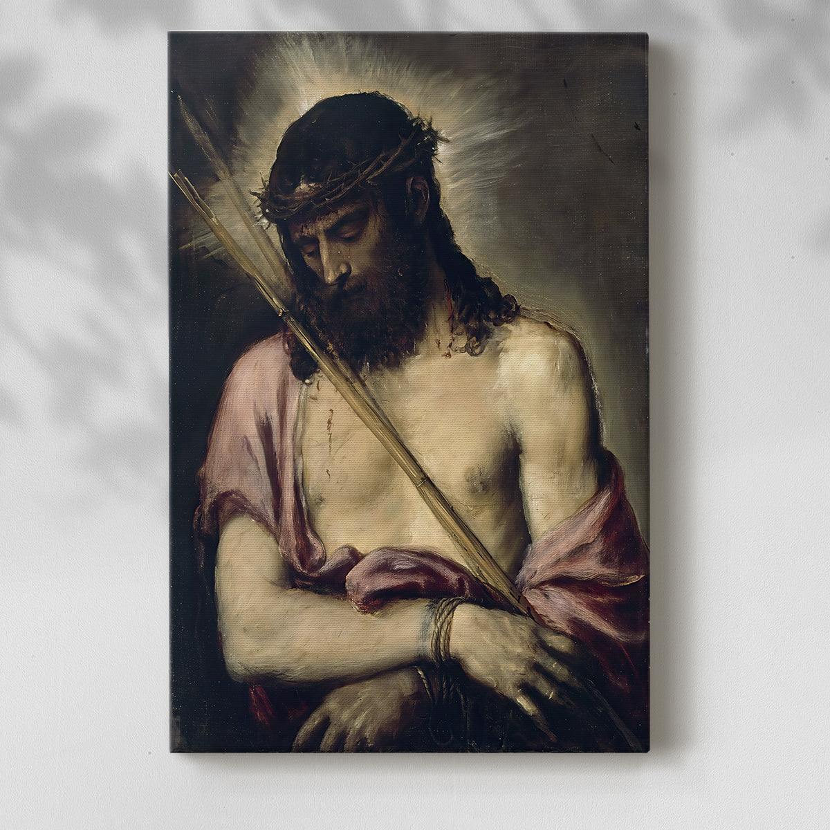 Canvas art print of a spiritual figure with gentle tones and dark background with a soft shadow on a white background.