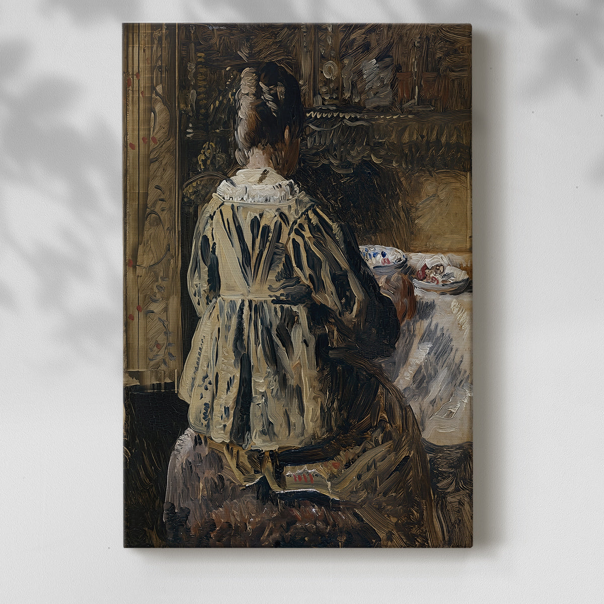 Canvas art print of a domestic setting with people sharing a quiet moment with a soft shadow on a white background.