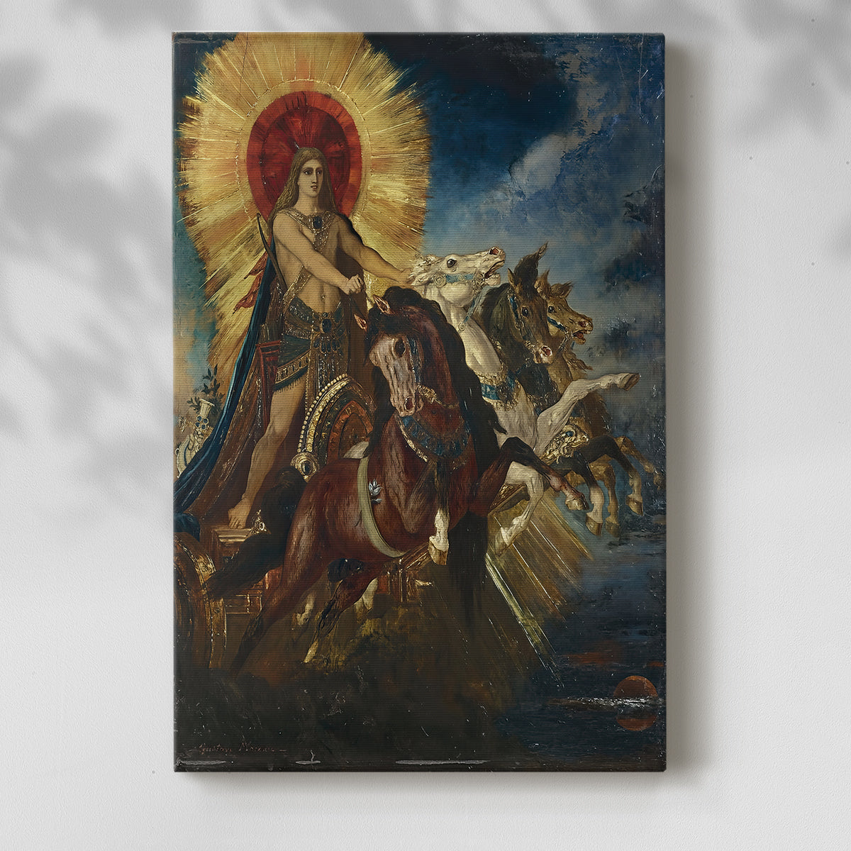 Canvas art print of a mythological composition with movement and bright tones with a soft shadow on a white background.