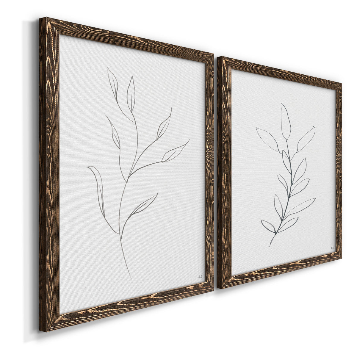 Angled view of a set of two walnut barnwood framed canvas prints featuring two minimalist botanical line drawings featuring single continuous-line leafy branches.