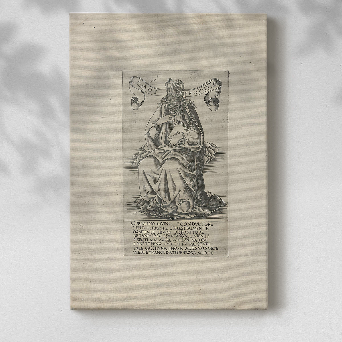 Canvas art print of a classical figure with fine lines and structured pose with a soft shadow on a white background.