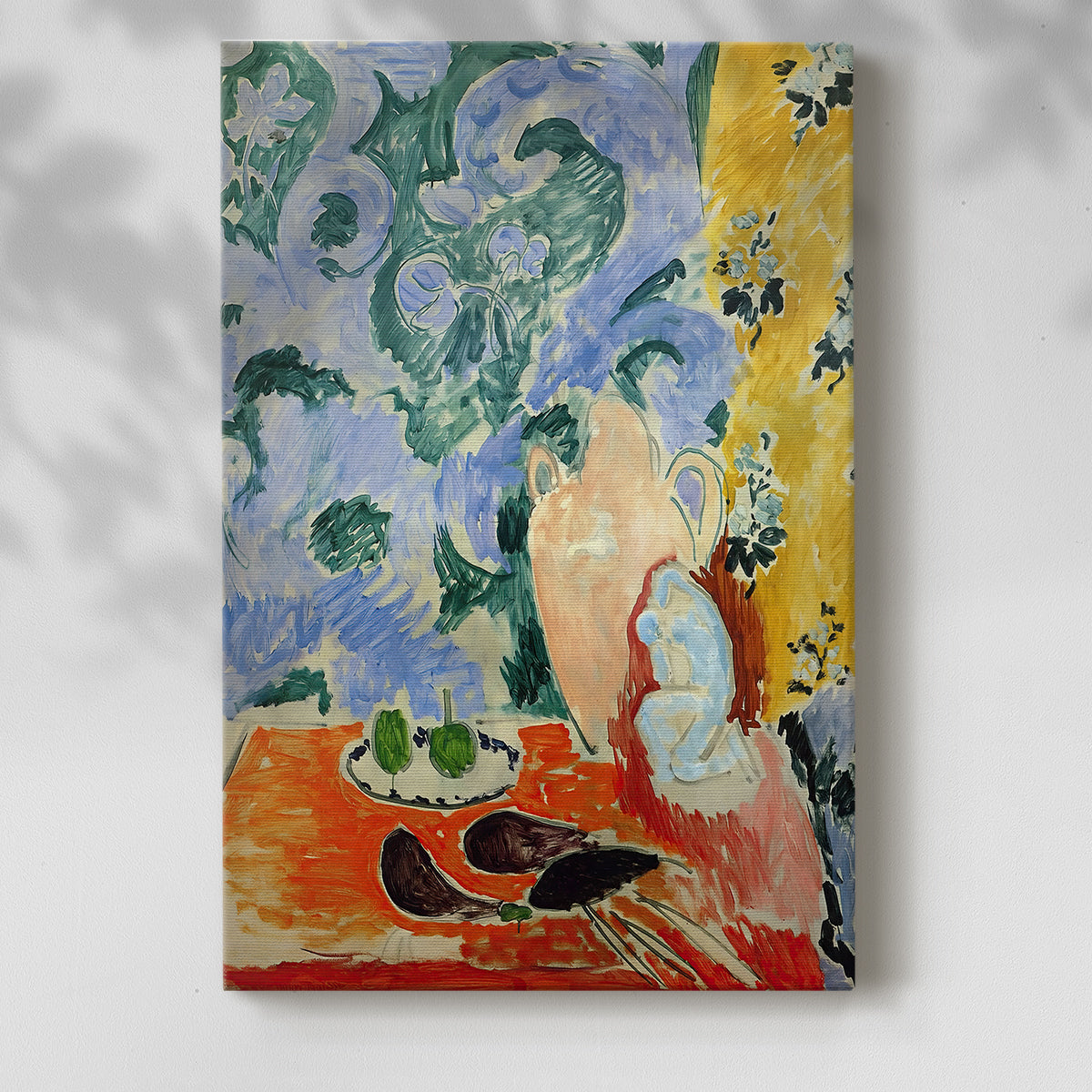 Canvas art print of a stylized arrangement with vegetables and vivid tones with a soft shadow on a white background.
