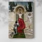 Canvas art print of a fantasy setting with a seated classical deity and ornate surroundings with a soft shadow on a white background.