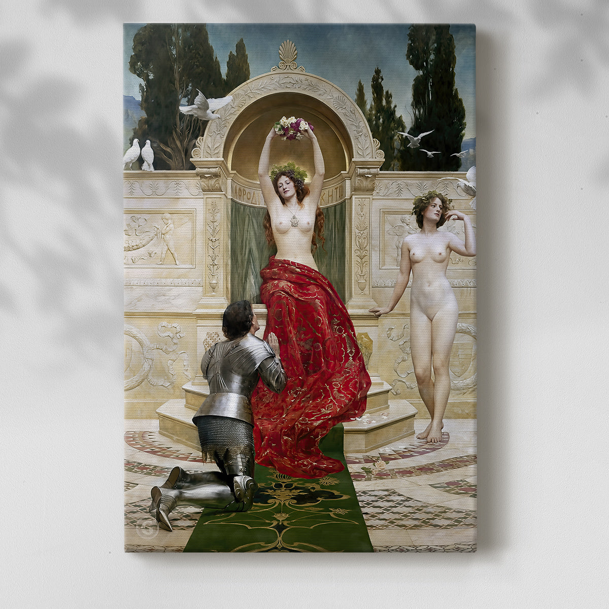 Canvas art print of a fantasy setting with a seated classical deity and ornate surroundings with a soft shadow on a white background.