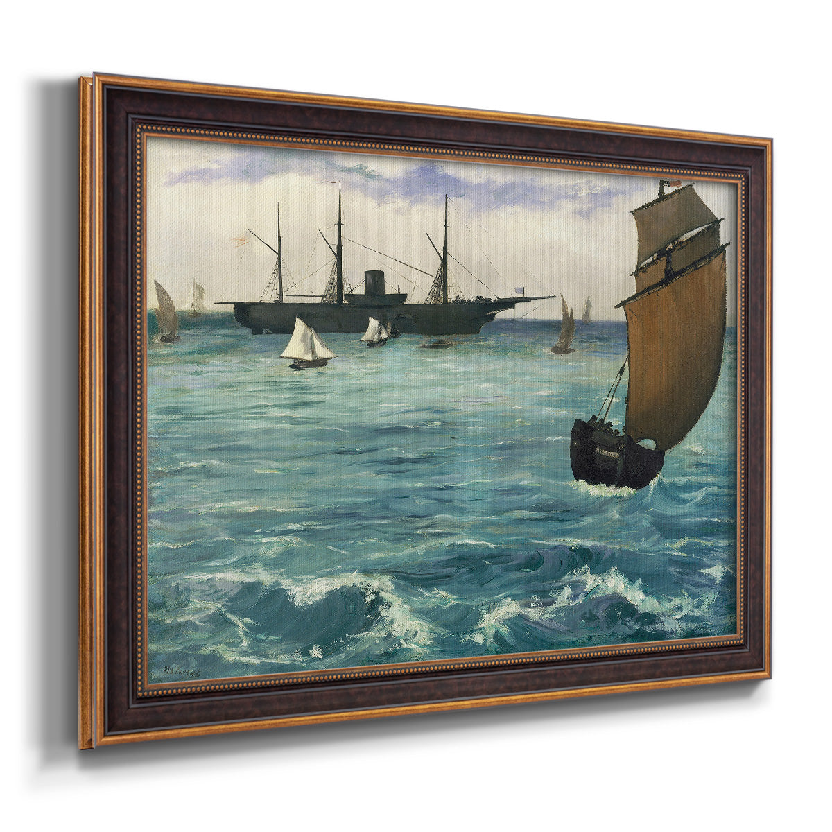 Impressionist naval seascape with the Kearsarge by Édouard Manet printed on canvas in an ornate bronzed mahogany wood frame.