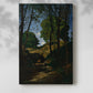 Canvas art print of a woodland scene with vertical trees and muted tones with a soft shadow on a white background.