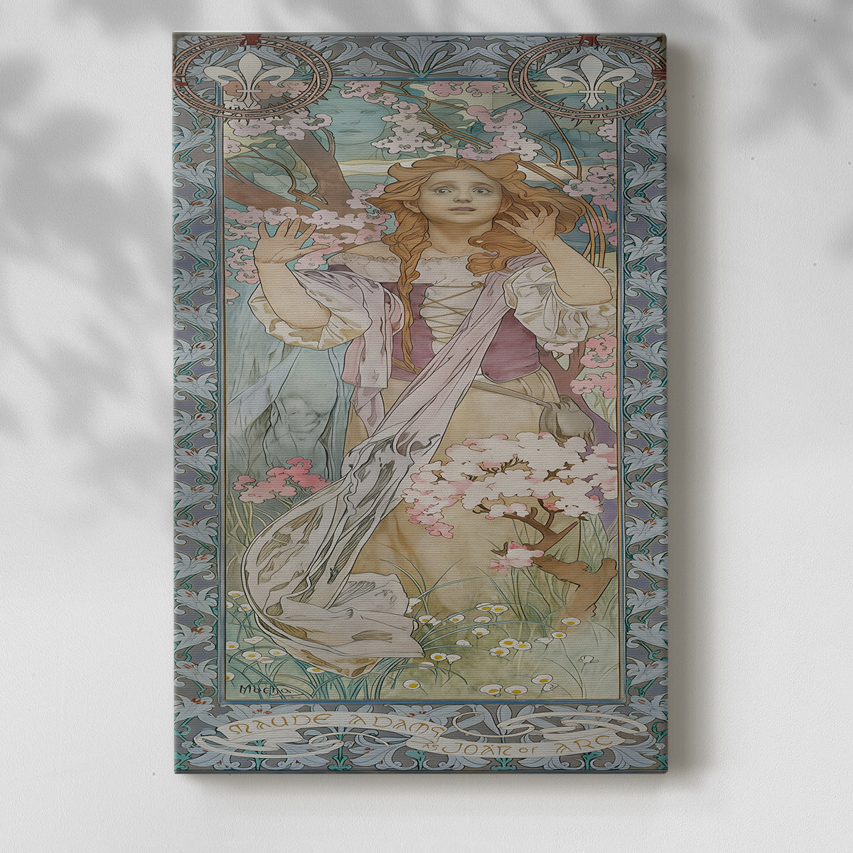 Canvas art print of a theatrical portrait of a woman in medieval armor with decorative framing with a soft shadow on a white background.