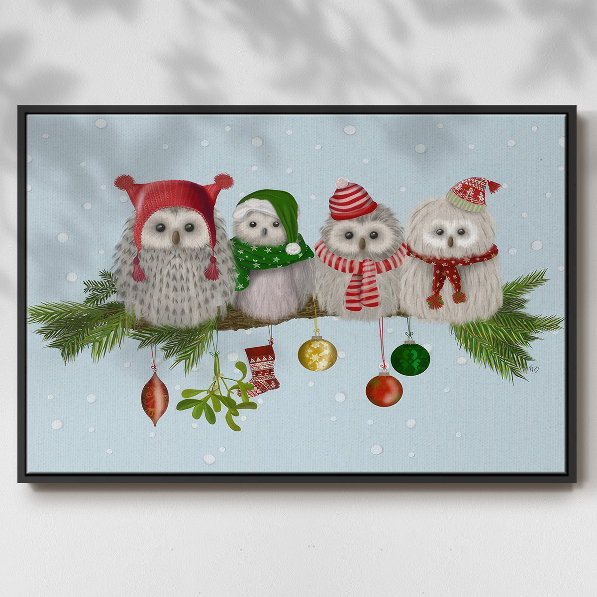 Christmas Fluffy Christmas Owls on Branch - Framed Gallery Wrapped Canvas in Floating Frame