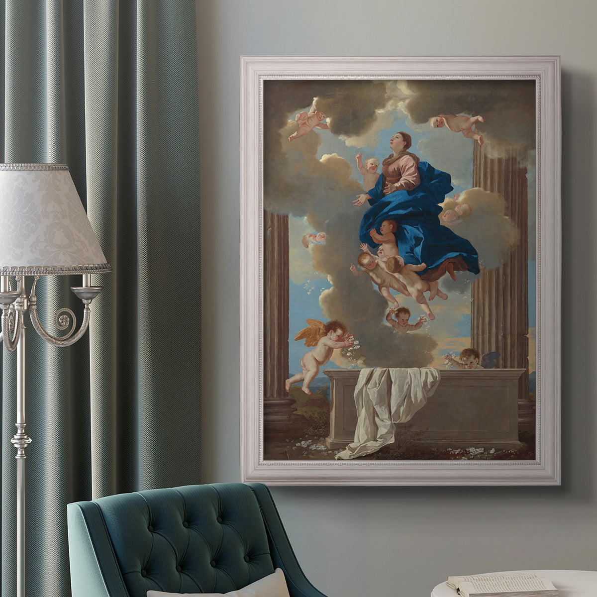 Classical religious depiction of the Assumption of the Virgin by Nicolas Poussin in an ornate weathered white frame displayed in a neutral interior setting.