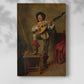 Canvas art print of a figure seated with a theorbo in a warm interior with a soft shadow on a white background.