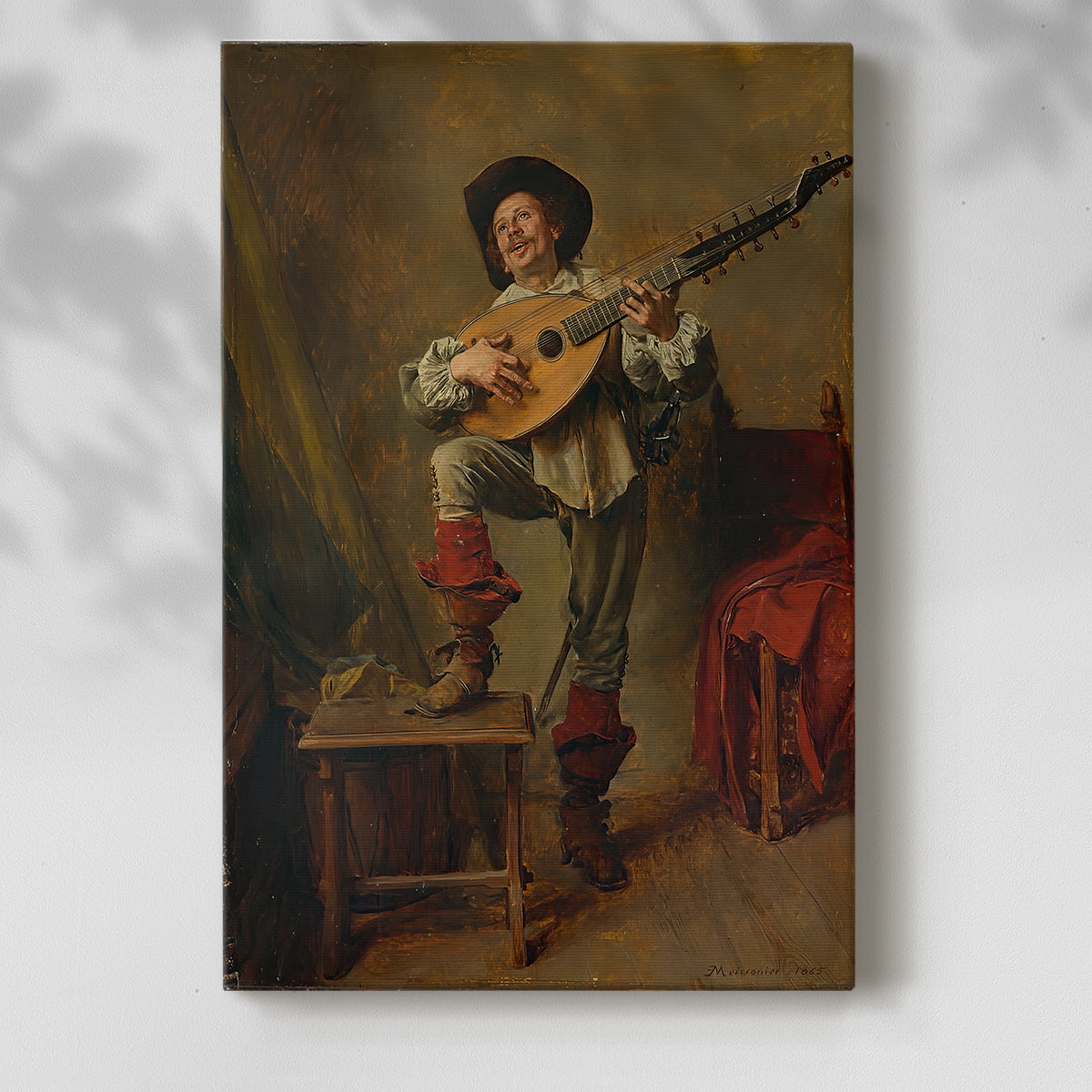 Canvas art print of a figure seated with a theorbo in a warm interior with a soft shadow on a white background.