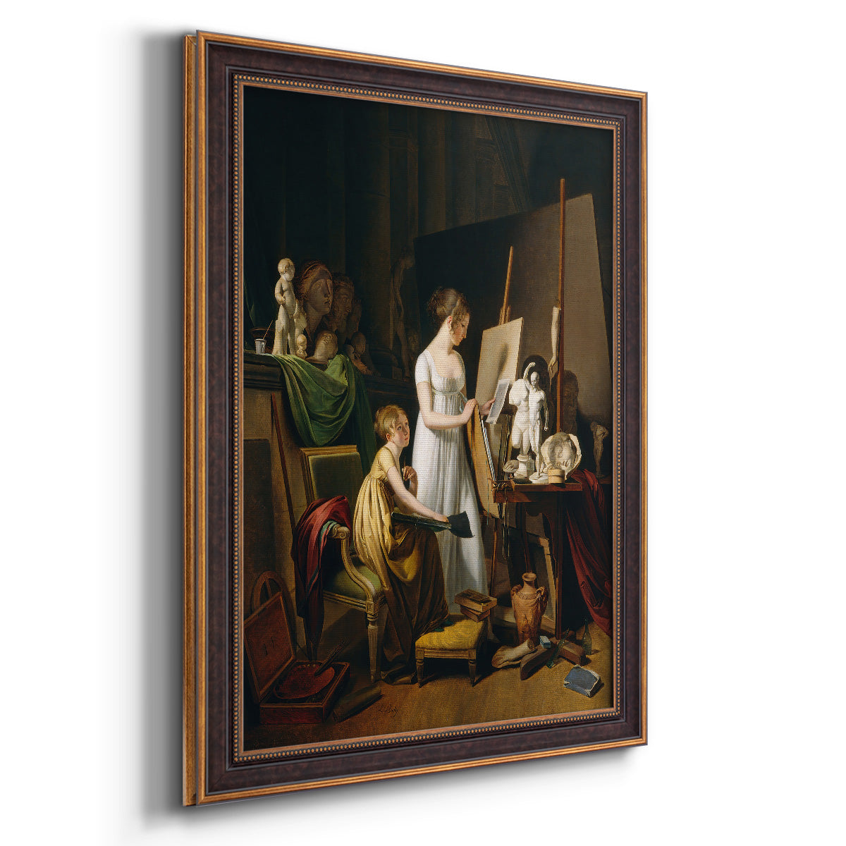 Classical interior painting of an artist at work by Louis-Leopold Boilly printed on canvas in an ornate bronzed mahogany wood frame with a vertical orientation.