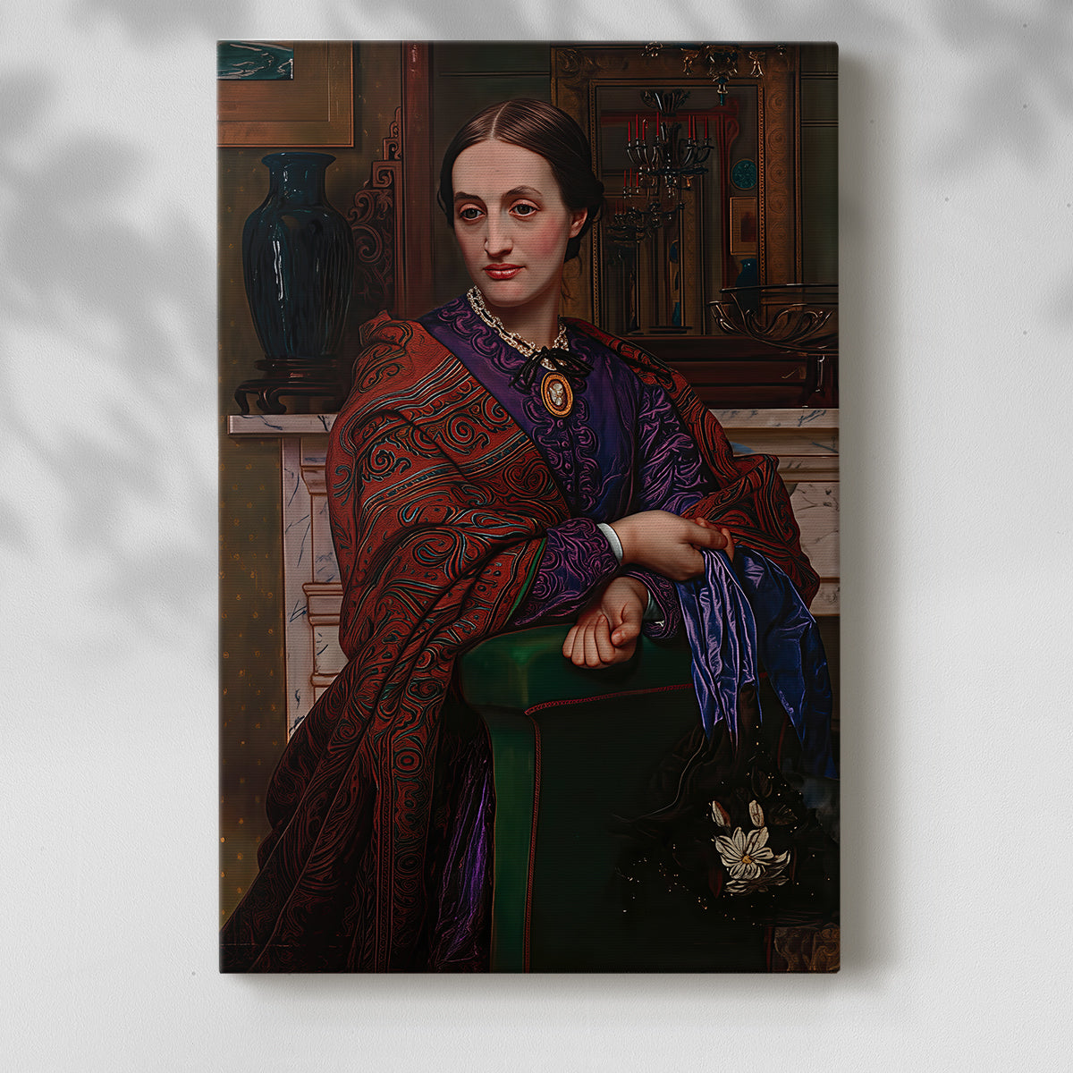 Canvas art print of a refined figure with gentle tones and calm expression with a soft shadow on a white background.