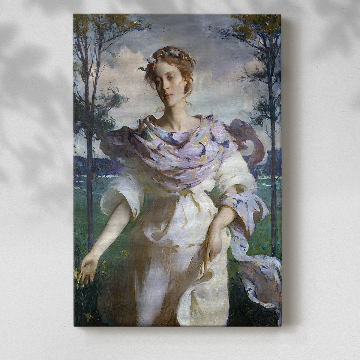 Canvas art print of a bright composition with movement and natural light with a soft shadow on a white background.