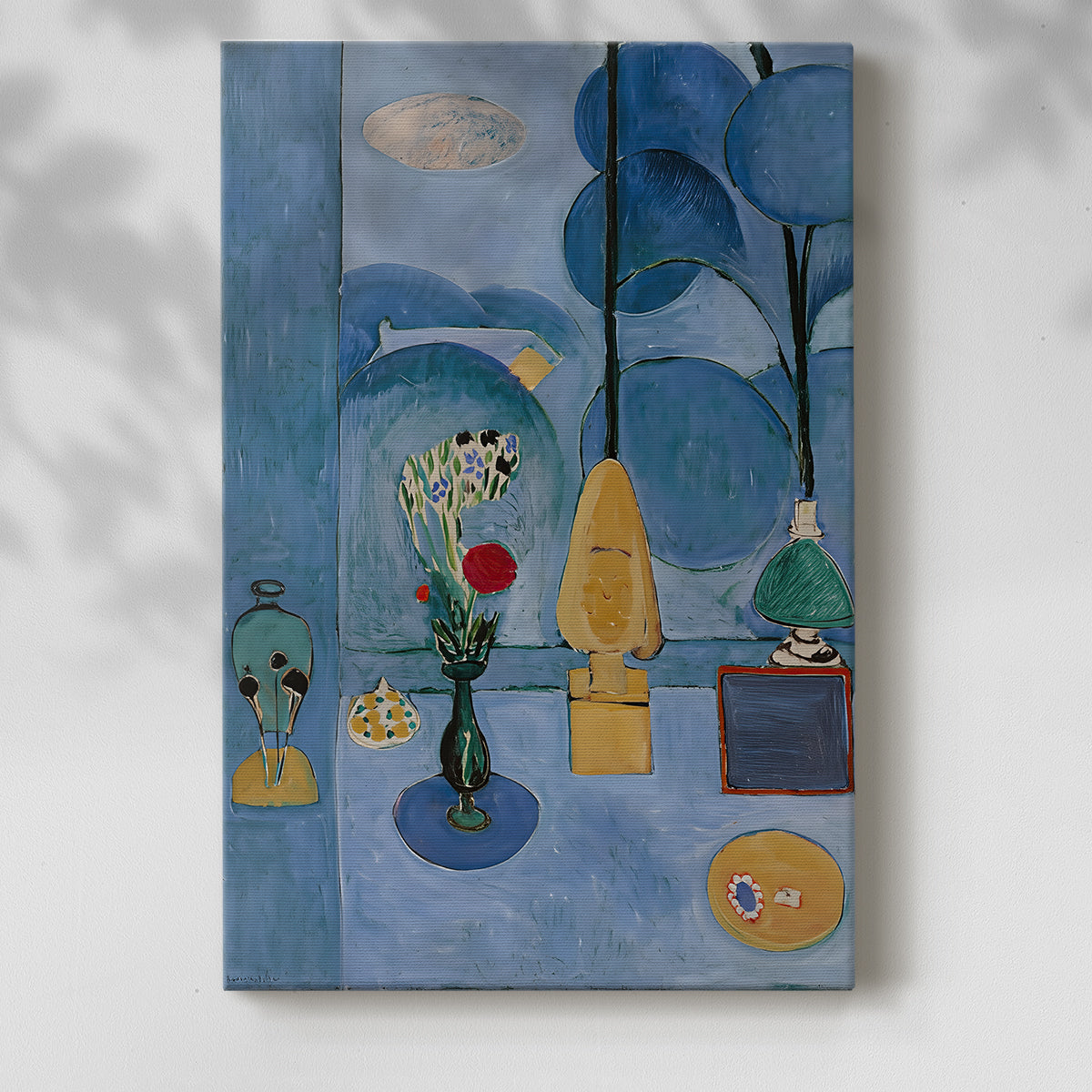 Canvas art print of a bright composition with plants and an open window view with a soft shadow on a white background.