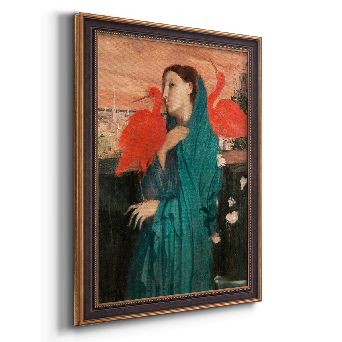 Impressionist portrait of a young woman with an ibis by Edgar Degas printed on canvas in an ornate bronzed mahogany wood frame with a vertical orientation.