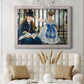 Impressionist urban scene near a railway by Édouard Manet in an ornate weathered white frame displayed in a neutral-toned interior setting.