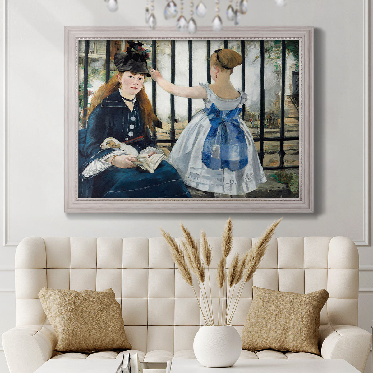 Impressionist urban scene near a railway by Édouard Manet in an ornate weathered white frame displayed in a neutral-toned interior setting.