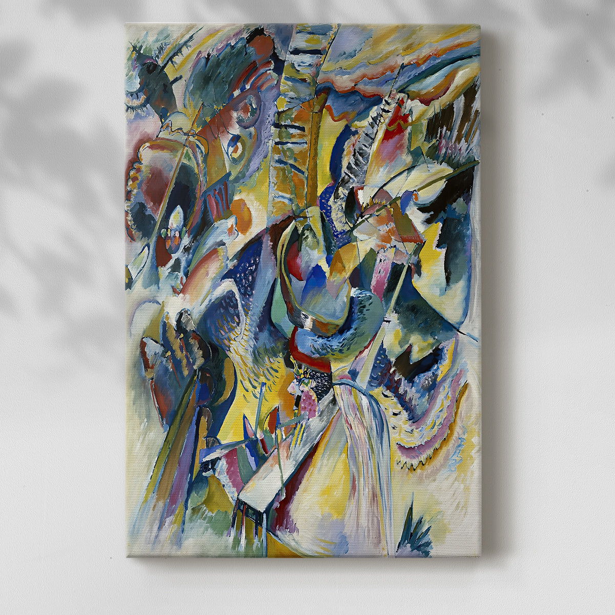 Canvas art print of a dynamic image with geometric shapes and bold contrast with a soft shadow on a white background.