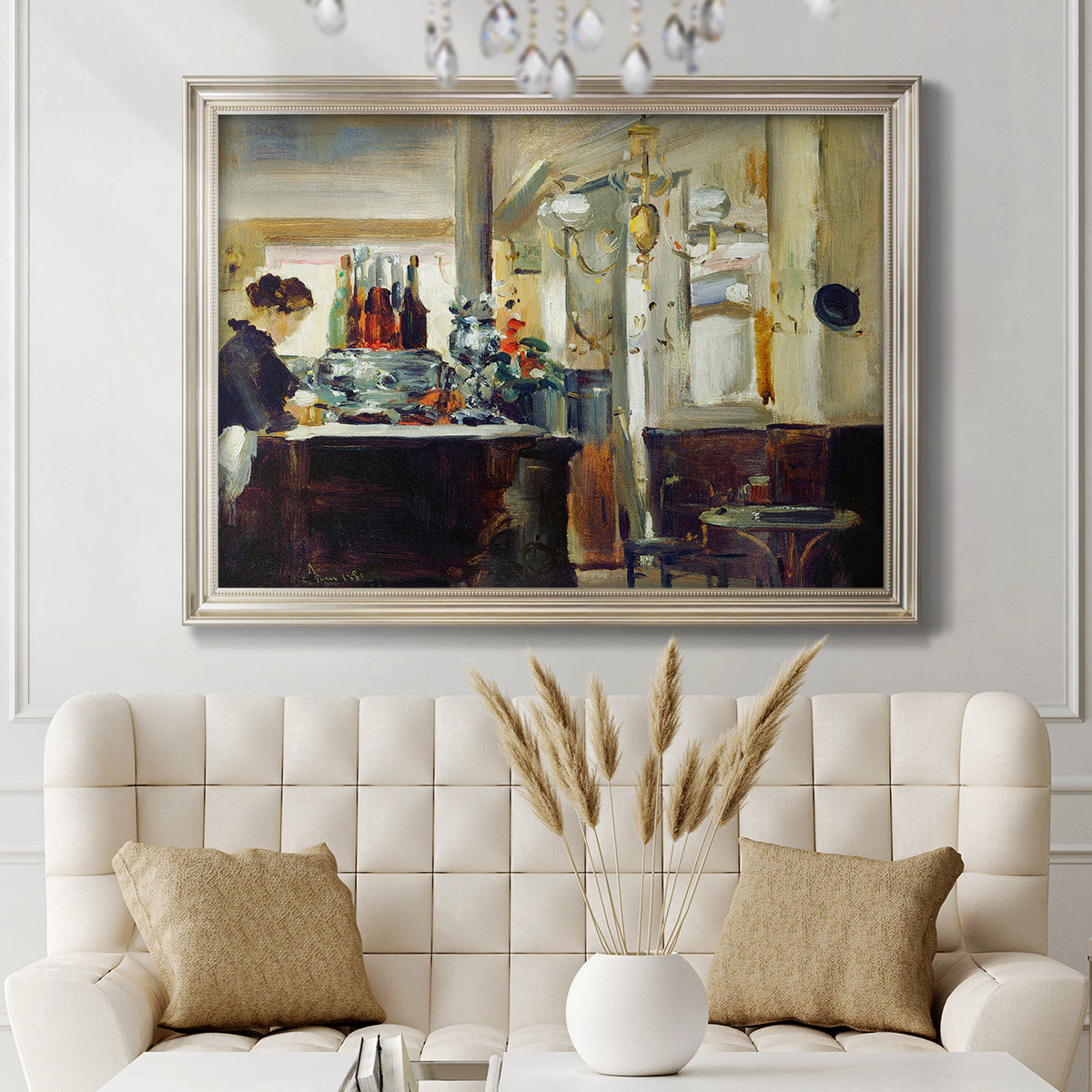 Impressionist café still life scene by Édouard Manet in an ornate champagne frame displayed in a neutral-toned interior setting.