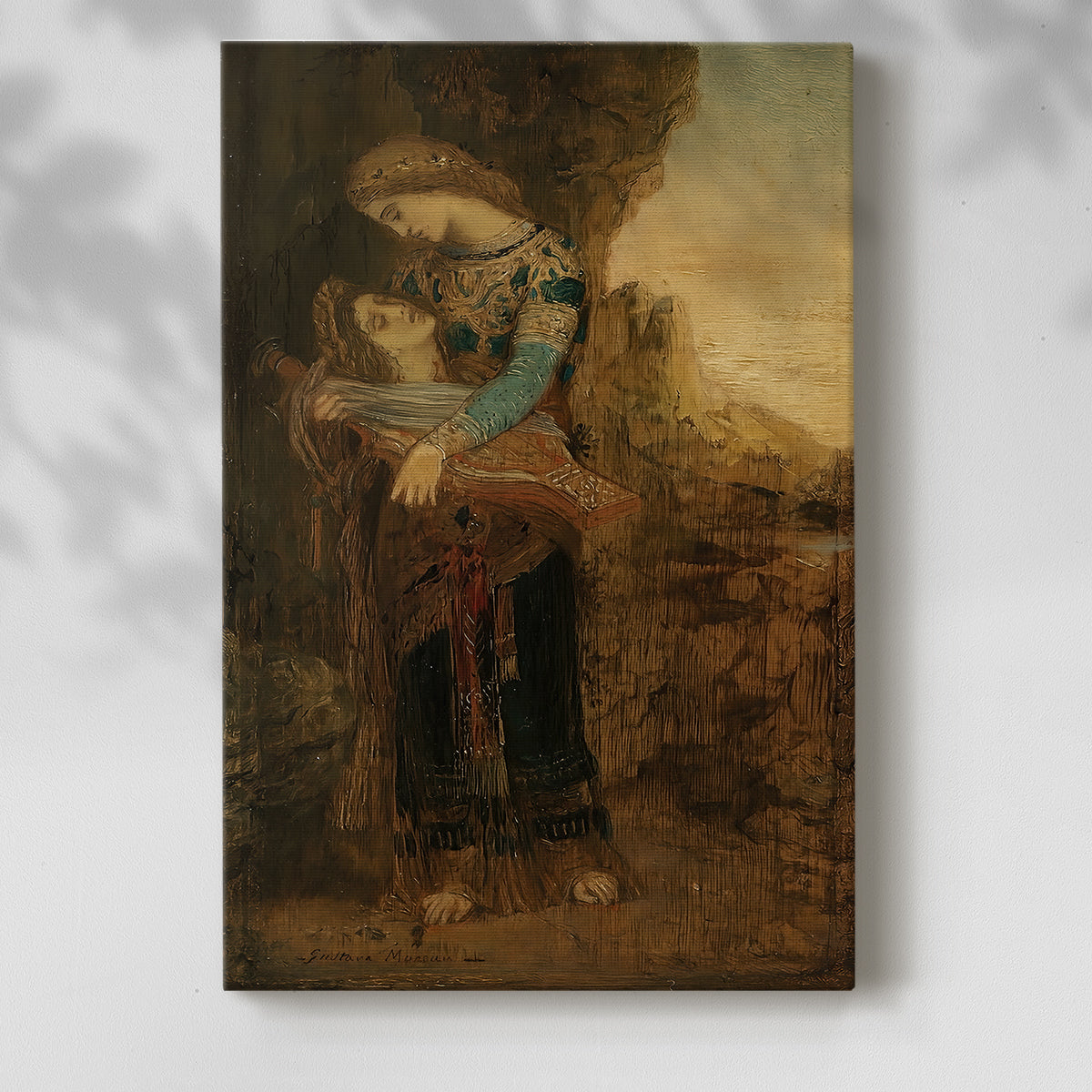 Canvas art print of a mythological composition with delicate detail and calm tones with a soft shadow on a white background.
