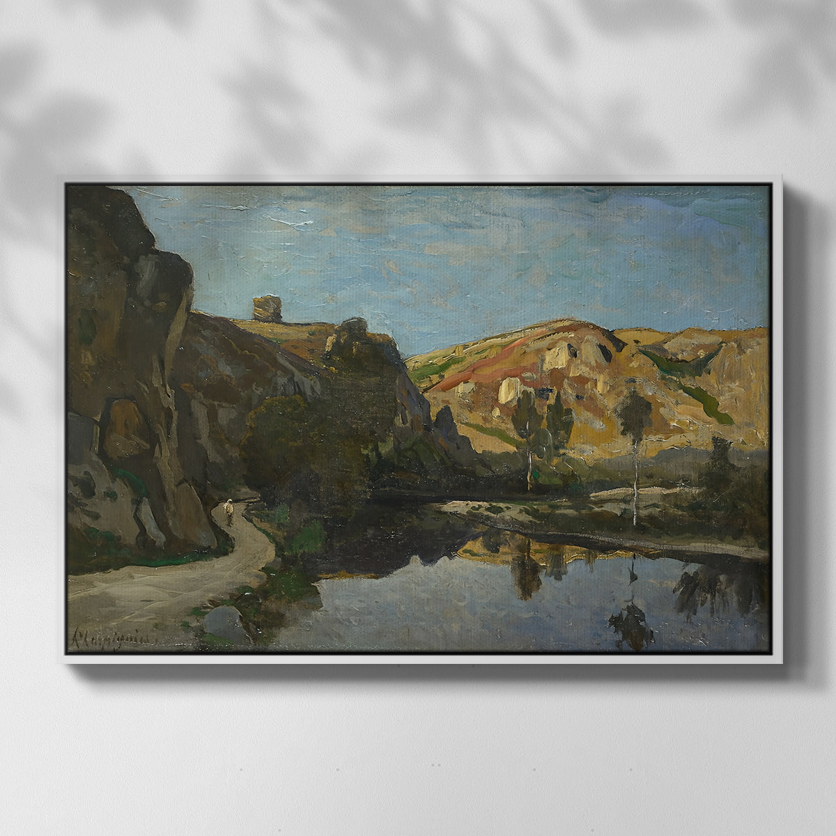 River Landscape with Cliffs, c. 1850-1860 - Floater Framed Canvas Print