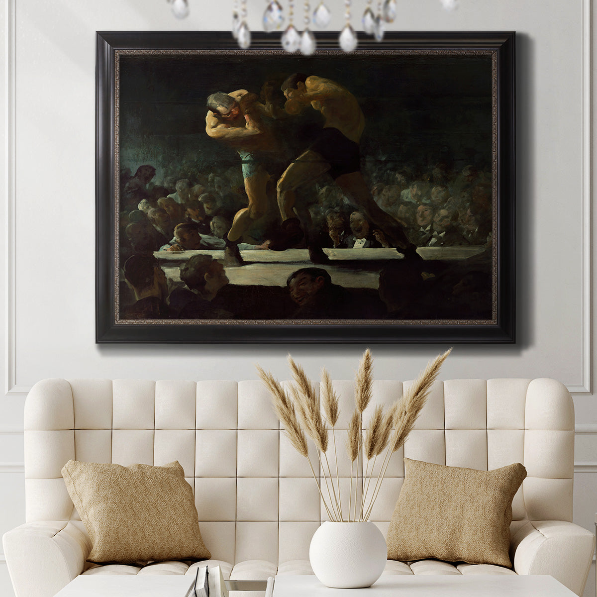 American social club scene painting by George Bellows in an ornate black frame with gilded inner detail displayed in a neutral-toned interior setting.