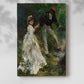 Canvas art print of a couple strolling through greenery with soft brushwork with a soft shadow on a white background.
