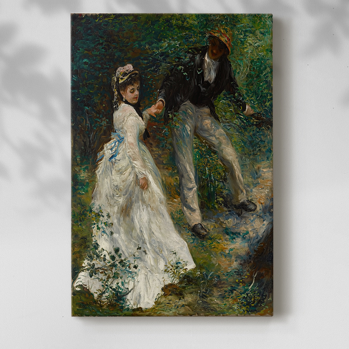 Canvas art print of a couple strolling through greenery with soft brushwork with a soft shadow on a white background.